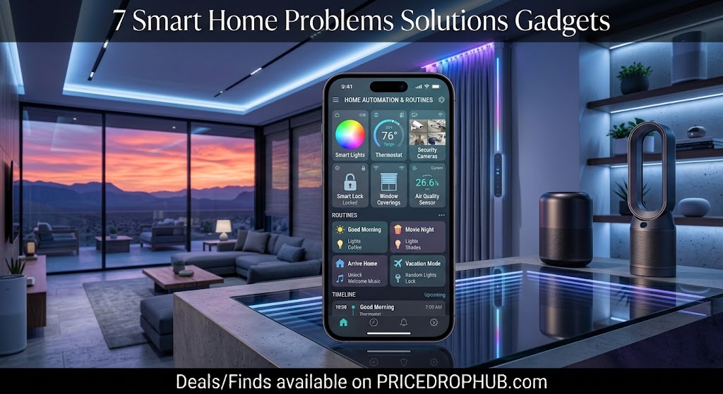 Smartphone-based home automation interface representing connected smart-home devices and routines