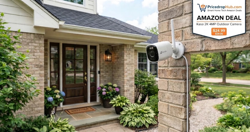 Kasa 2K 4MP outdoor security camera showing a clear home monitoring view