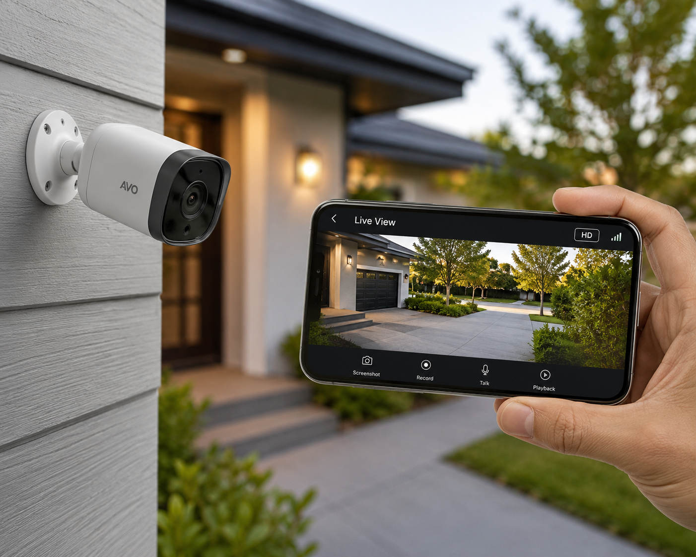 Smart home security camera monitoring a house with live video displayed on a smartphone.