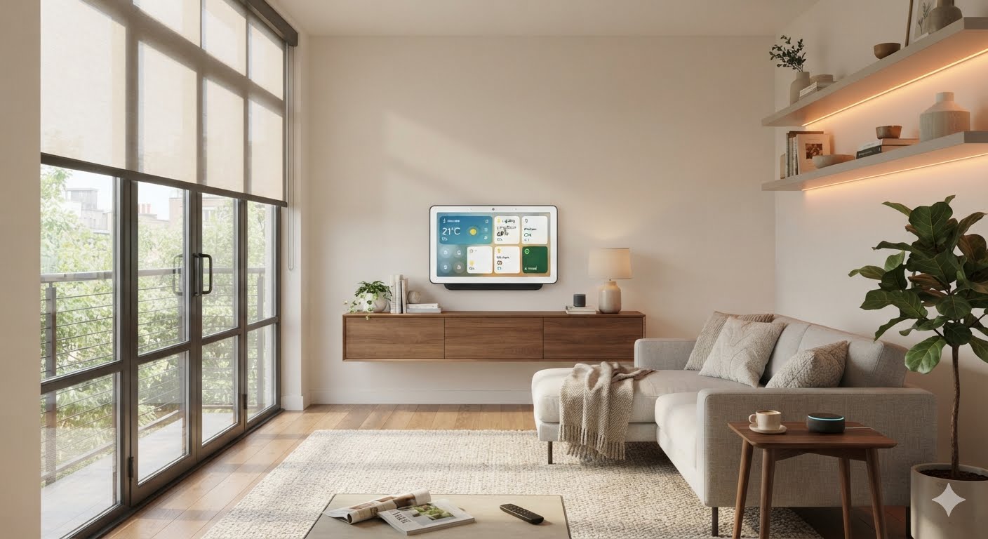 Modern smart home with connected lighting, security camera, smart thermostat and automated home devices.