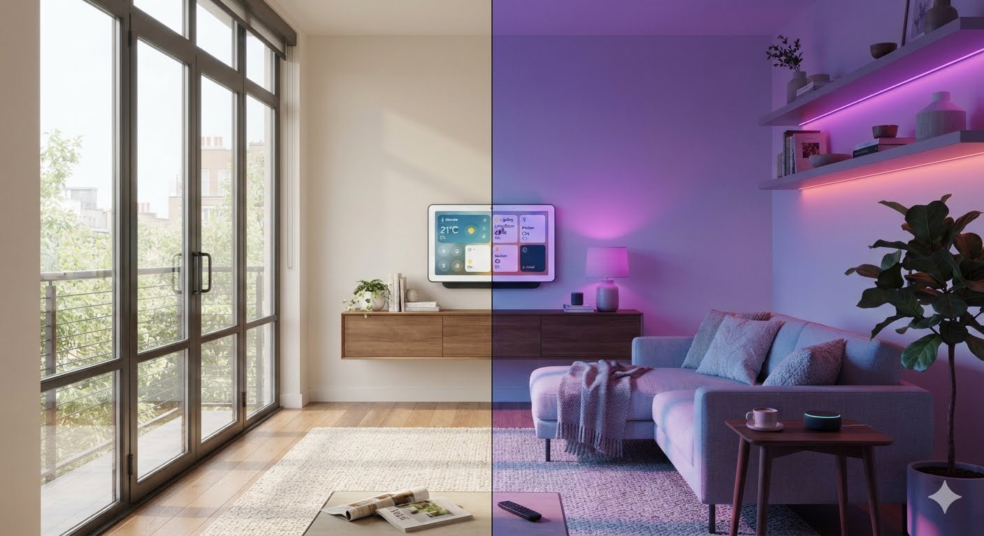 Smart bulbs changing colors and brightness in a modern living room using smart home technology