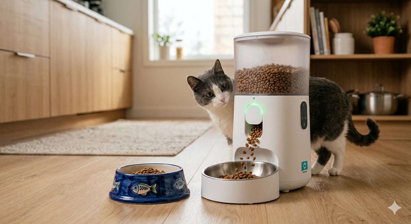 Automatic smart pet feeder compared with a traditional pet food bowl