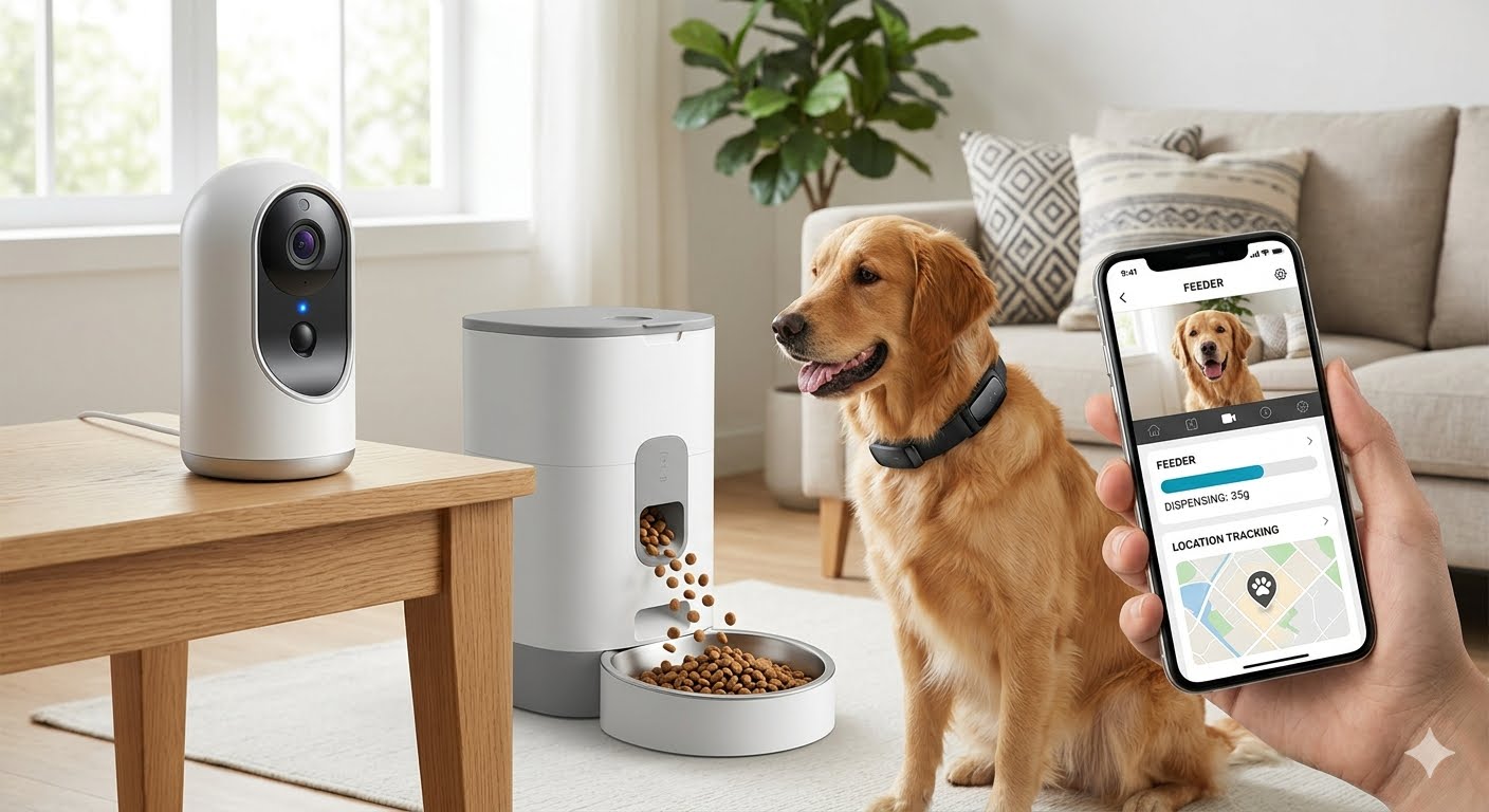 Smart pet technology including pet camera, app control and automated feeder
