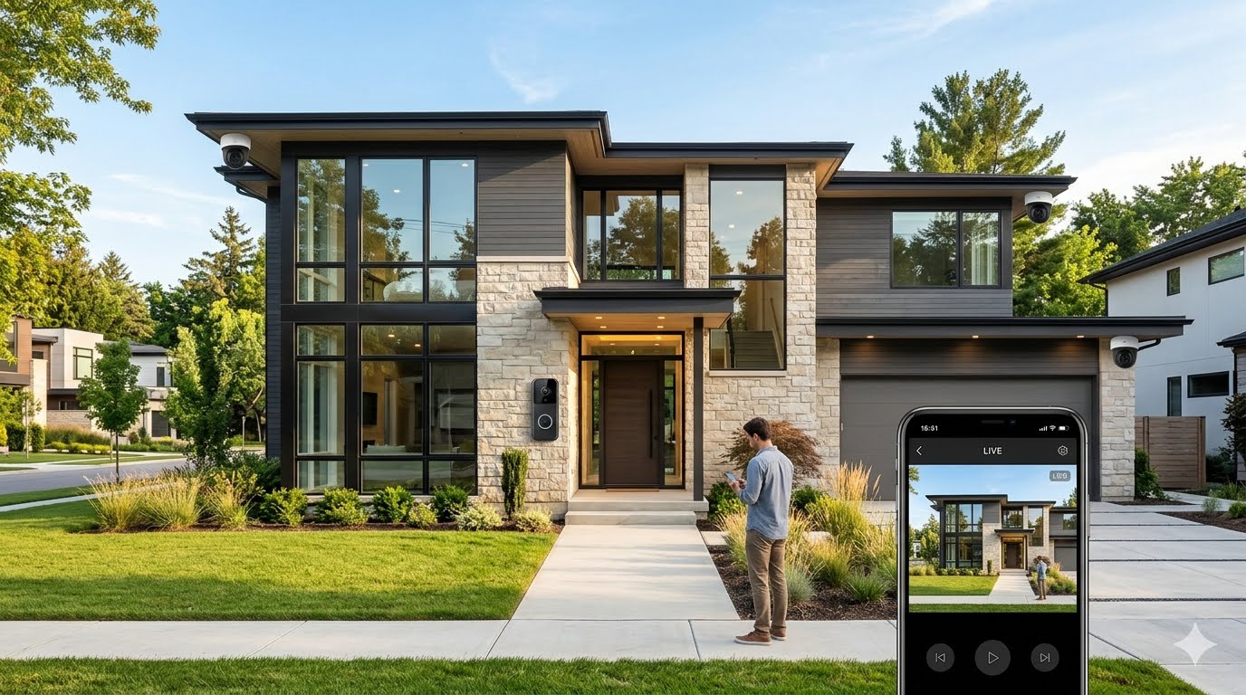 smart security camera and video doorbell monitoring a home