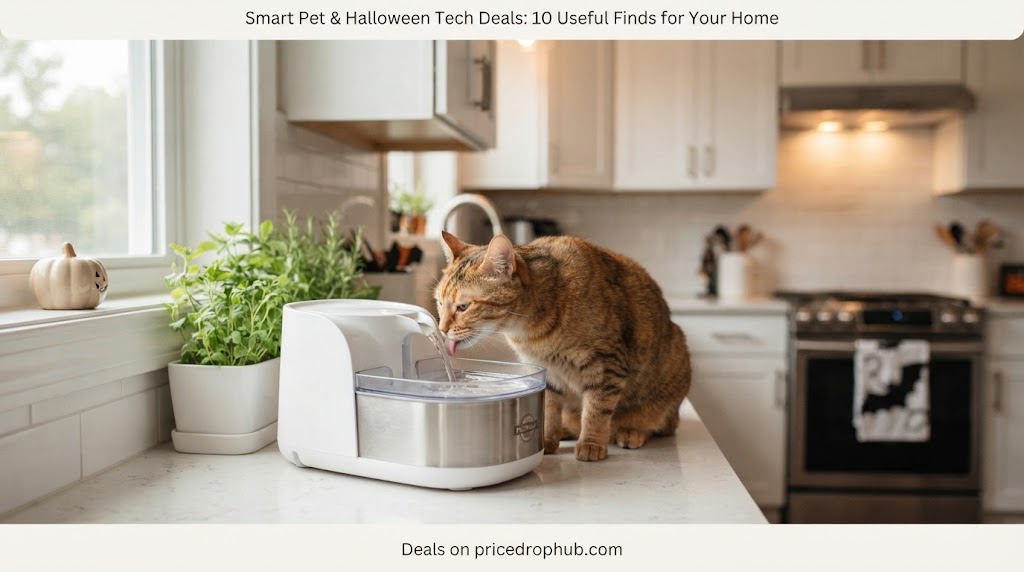 smart pet water fountain with cat drinking indoors