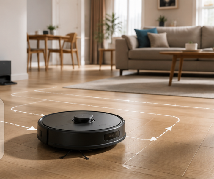 Robot vacuum cleaning a modern living room floor as an automated smart home cleaning solution.