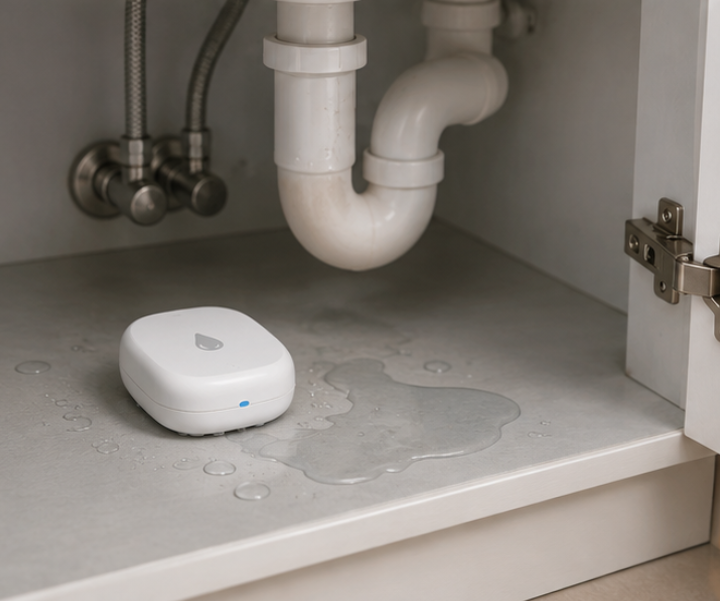 Smart water leak sensor placed under a kitchen sink to detect potential water leaks