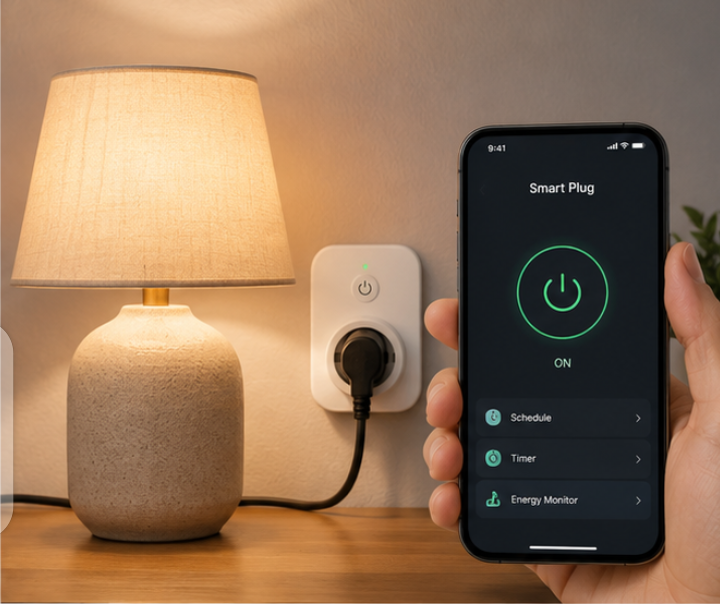 Smart plug allowing remote control and scheduling of a home lamp through a smartphone app.