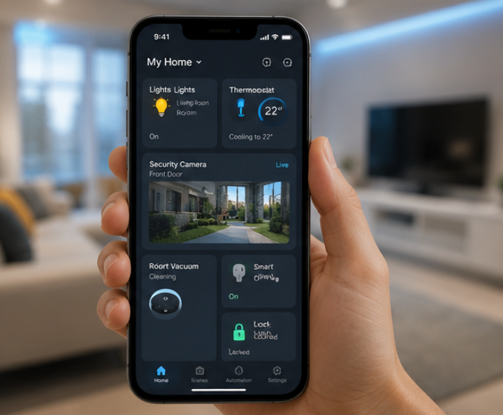 Smartphone controlling connected smart home devices including lighting, security and temperature systems